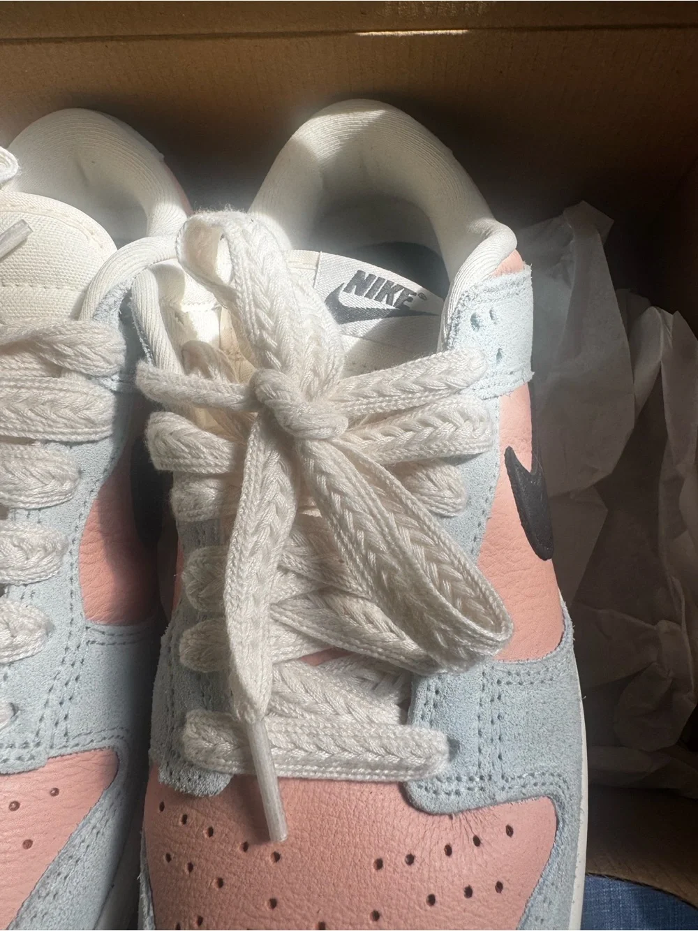 Woman’s Nike Dunk Low-Top Sneakers in Peach/blue with braided laces